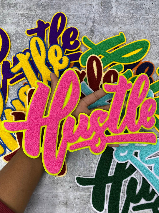 Exclusive, HOTT Pink & Green "Hustle" Chenille Patch (iron-on) Size 10"x8", Varsity Patch for Denim Jacket, Shirts and Hoodies, Large Patch