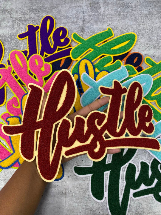 Exclusive, Burgundy & Beige "Hustle" Chenille Patch (iron-on) Size 10"x8", Varsity Patch for Denim Jacket, Shirts and Hoodies, Large Patch