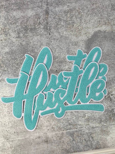 Exclusive, Tiffany Blue & White "Hustle" Chenille Patch (iron-on) Size 10"x8", Varsity Patch for Denim, Shirts and Hoodies, Large Patch