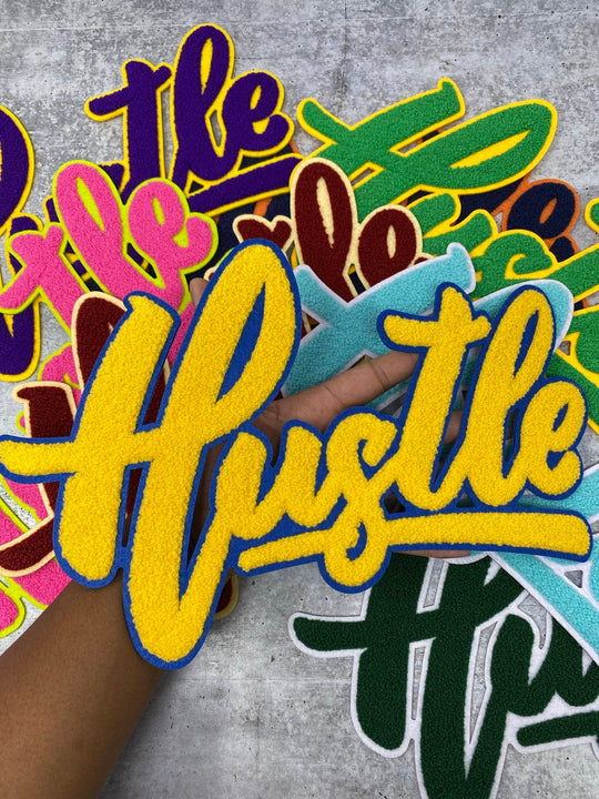 Exclusive, Yellow & Navy Blue "Hustle" Chenille Patch (iron-on) Size 10"x8", Varsity Patch for Denim, Shirts and Hoodies, Large Patch