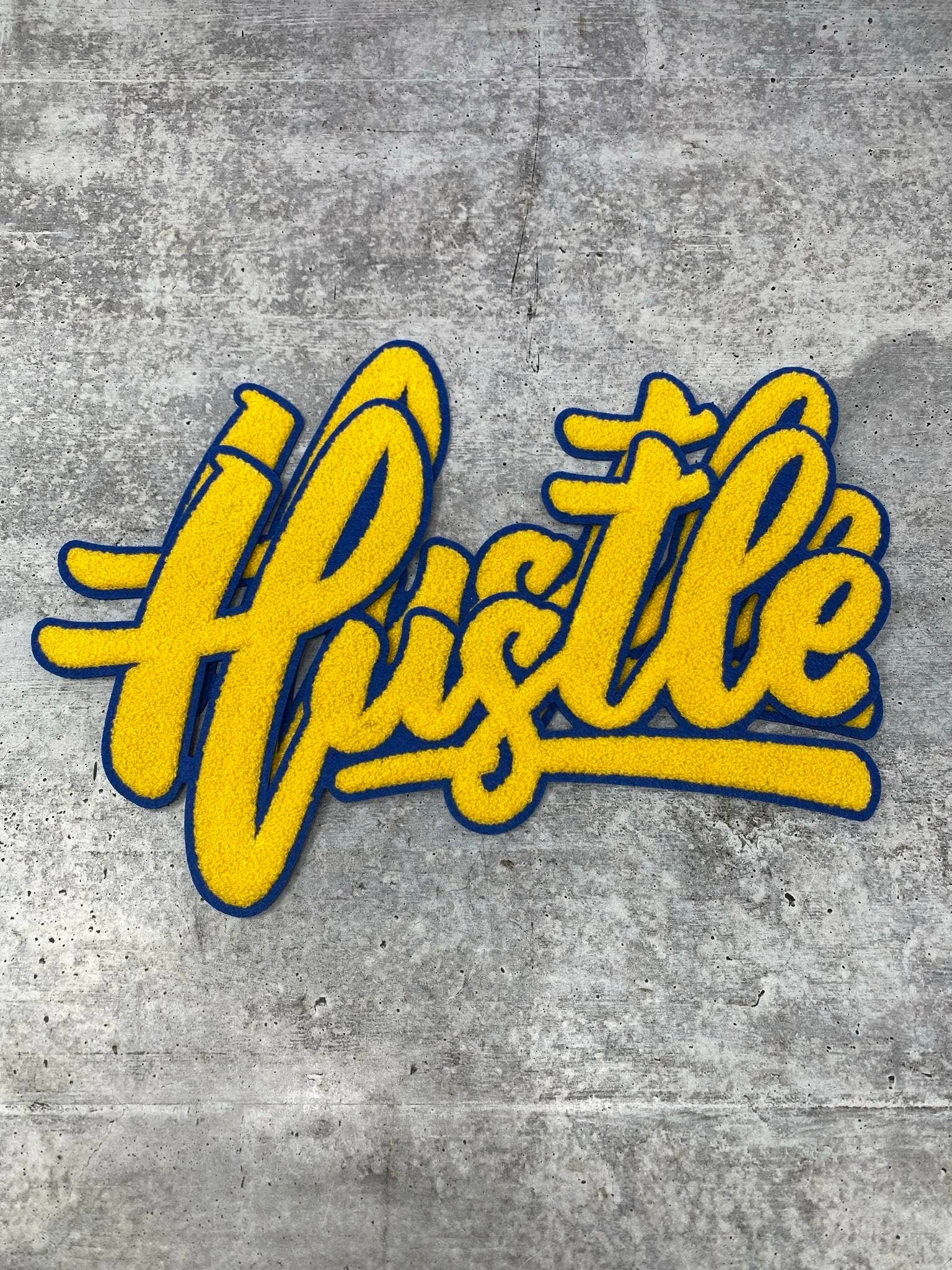 Exclusive, Yellow & Navy Blue "Hustle" Chenille Patch (iron-on) Size 10"x8", Varsity Patch for Denim, Shirts and Hoodies, Large Patch