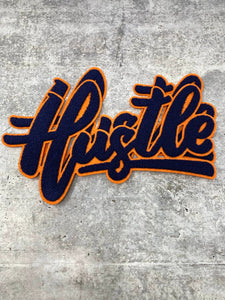 Exclusive, Navy Blue & Orange "Hustle" Chenille Patch (iron-on) Size 10"x8", Varsity Patch for Denim, Shirts and Hoodies, Large Patch