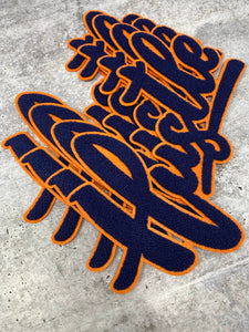 Exclusive, Navy Blue & Orange "Hustle" Chenille Patch (iron-on) Size 10"x8", Varsity Patch for Denim, Shirts and Hoodies, Large Patch