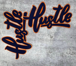 Exclusive, Navy Blue & Orange "Hustle" Chenille Patch (iron-on) Size 10"x8", Varsity Patch for Denim, Shirts and Hoodies, Large Patch