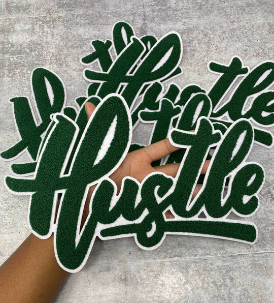 Exclusive, Green & White "Hustle" Chenille Patch (iron-on) Size 10"x8", Varsity Patch for Denim, Shirts and Hoodies, Large Patch