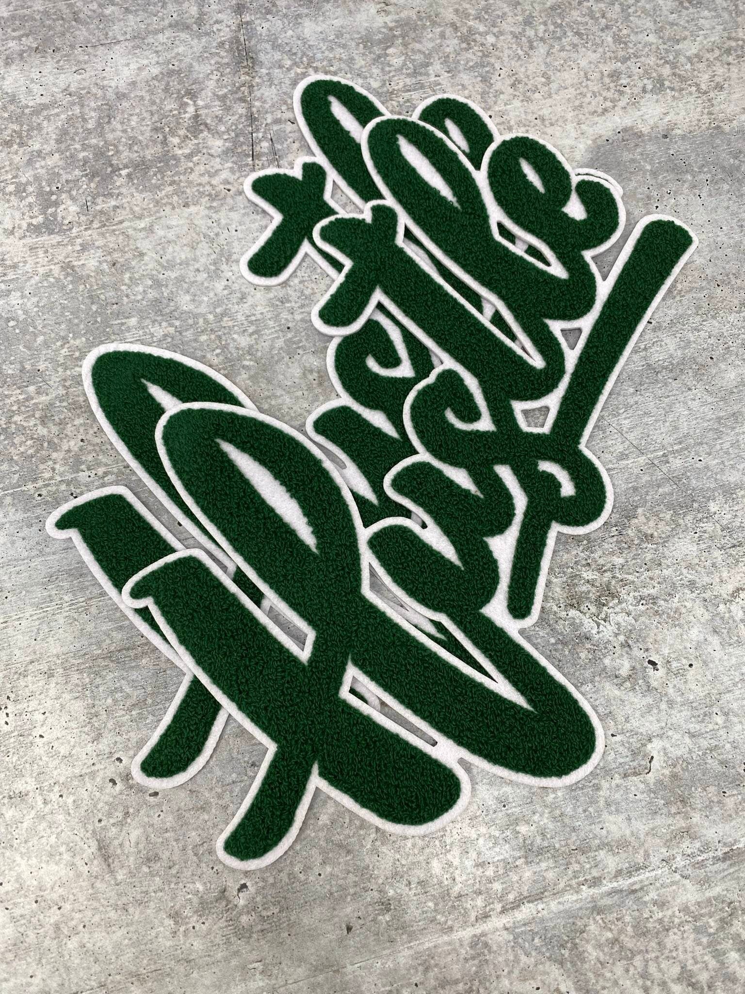 Exclusive, Green & White "Hustle" Chenille Patch (iron-on) Size 10"x8", Varsity Patch for Denim, Shirts and Hoodies, Large Patch