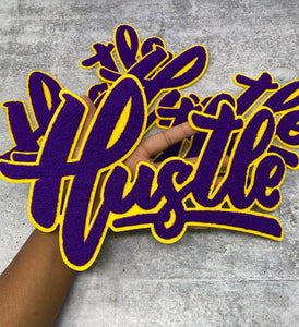 Exclusive, Purple & Gold "Hustle" Chenille Patch (iron-on) Size 10"x8", Varsity Patch for Denim, Shirts and Hoodies, Large Patch