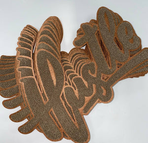 Exclusive, Chocolate Brown "Hustle" Chenille Patch (iron-on) Size 10"x8", Varsity Patch for Denim Jacket, Shirts and Hoodies, Large Patch