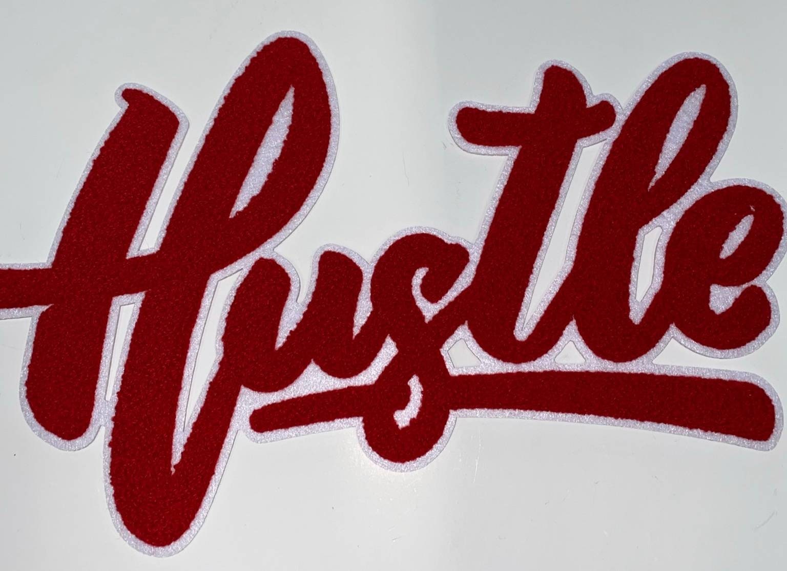 Exclusive, Red & White "Hustle" Chenille Patch (iron-on) Size 10"x8", Varsity Patch for Denim Jacket, Shirts and Hoodies, Large Patch