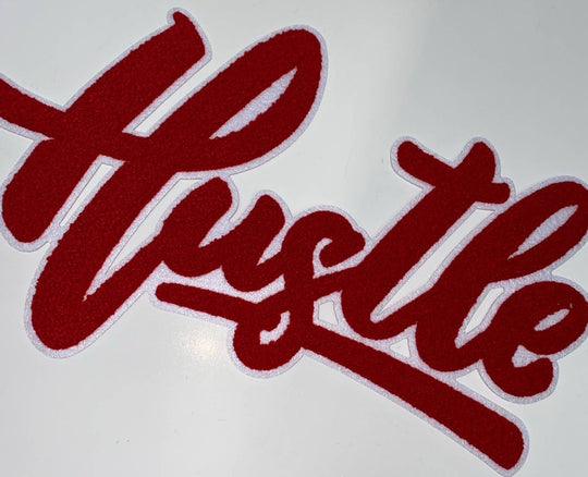 Exclusive, Red & White "Hustle" Chenille Patch (iron-on) Size 10"x8", Varsity Patch for Denim Jacket, Shirts and Hoodies, Large Patch