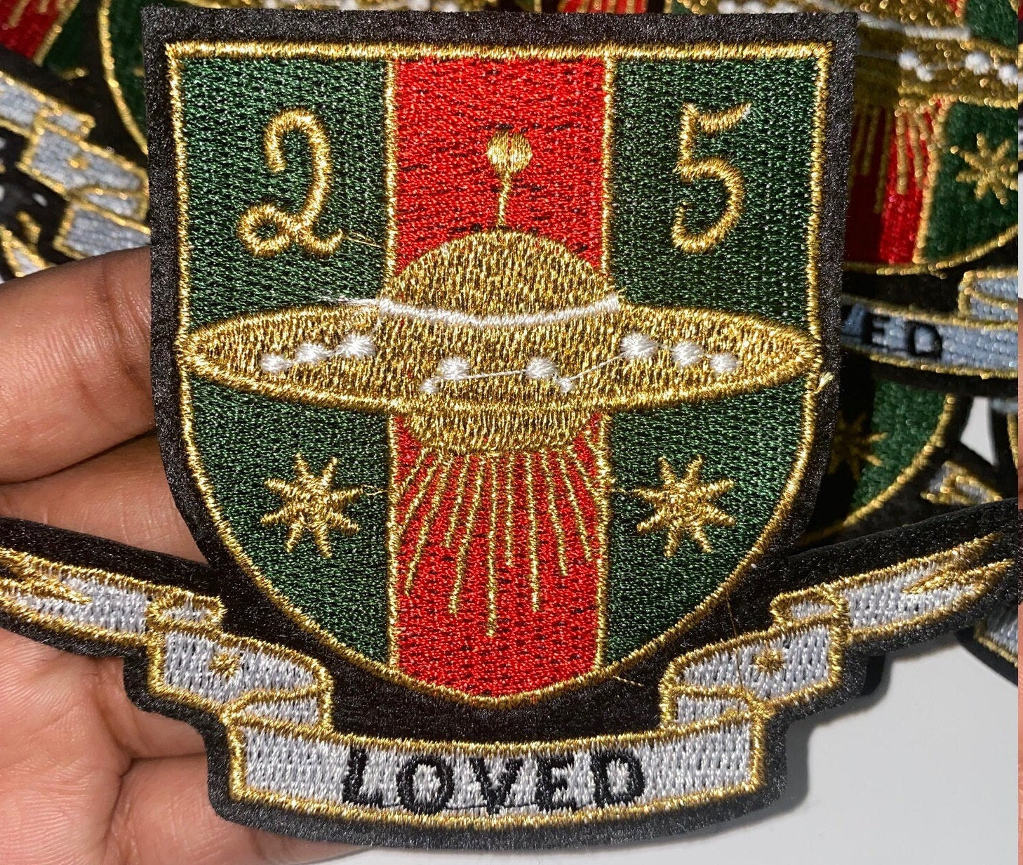 NEW, Vintage "25 LOVED" Spaceship, Red/Green/Gold Metallic Emblem patch, DIY, Embroidered Applique Iron On Patch, Size 3.5", 1-pc