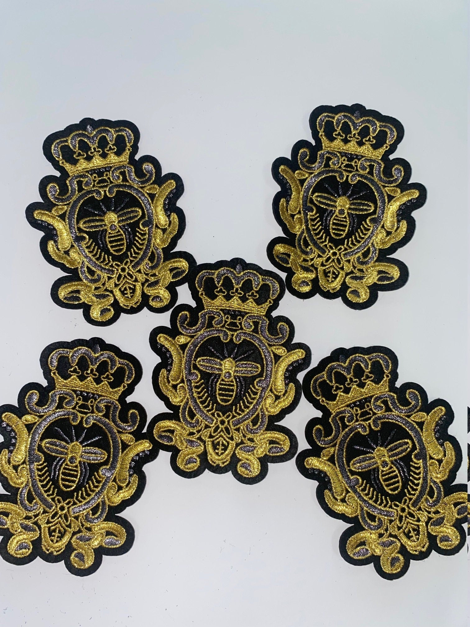 Metallic Gold, Black & Gray Royal Bee Crest, With Crown Emblem Patch, Embroidered Applique Iron On Patch, Size 3", Patch for Hats, Men Patch