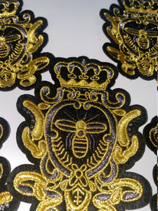 Metallic Gold, Black and Gray Royal Bee Crest, With Crown Emblem patch, DIY, Embroidered Applique Iron On Patch, Size 3"