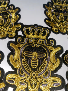 Metallic Gold, Black & Gray Royal Bee Crest, With Crown Emblem Patch, Embroidered Applique Iron On Patch, Size 3", Patch for Hats, Men Patch