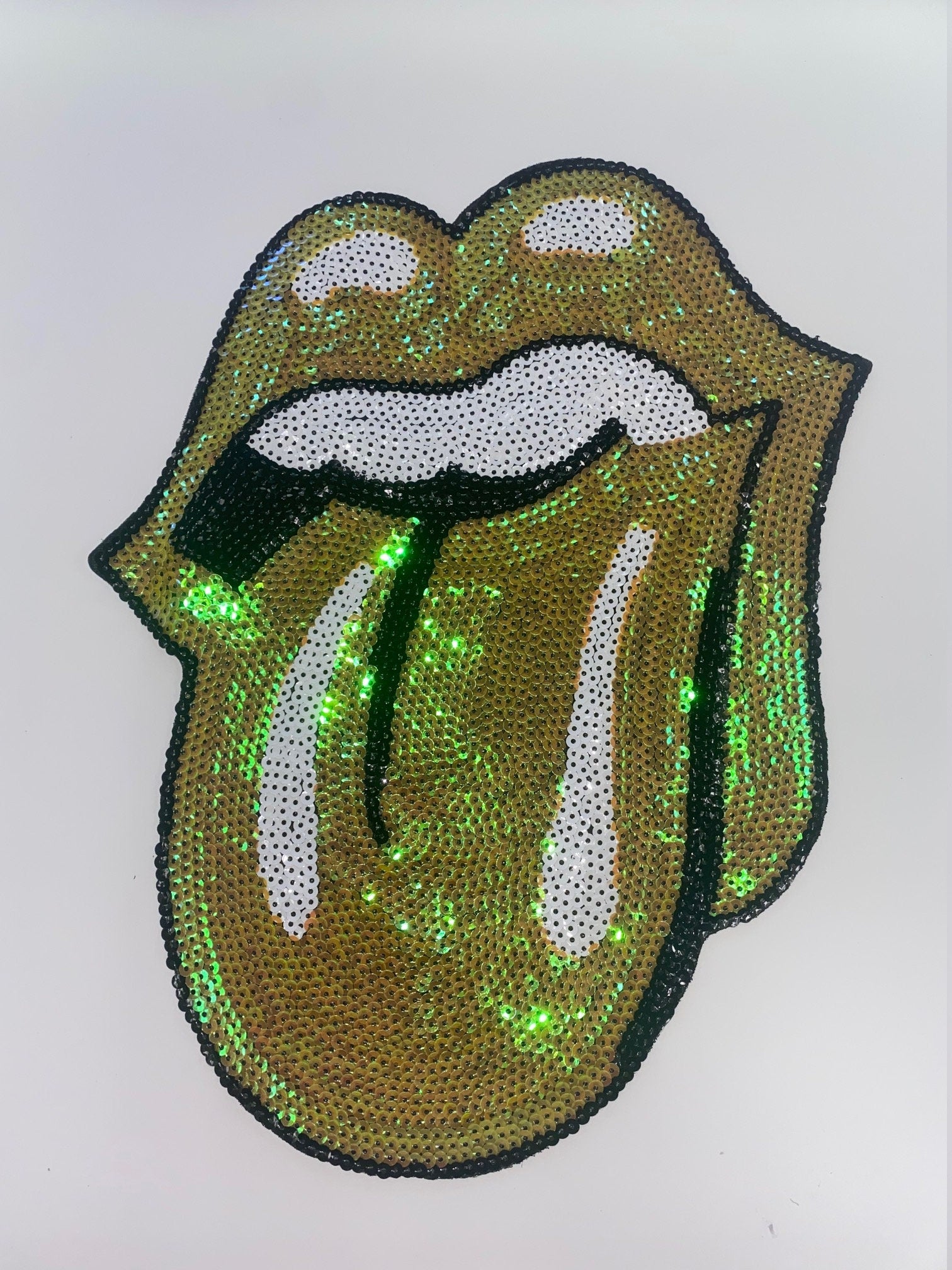 Sequins Yellow Iridescent KISS Lips and Tongue Patch (sew-on) Size 13", LARGE Bling Patch for Denim Jacket, Shirts, Hoodies, and More