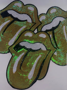 Sequins Yellow Iridescent KISS Lips and Tongue Patch (sew-on) Size 13", LARGE Bling Patch for Denim Jacket, Shirts, Hoodies, and More