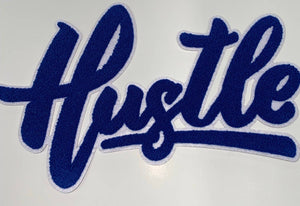 Exclusive, Blue & White "Hustle" Chenille Patch (iron-on) Size 10"x8", Varsity Patch for Denim, Shirts and Hoodies, Large Patch