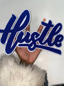 Exclusive, Blue & White "Hustle" Chenille Patch (iron-on) Size 10"x8", Varsity Patch for Denim, Shirts and Hoodies, Large Patch