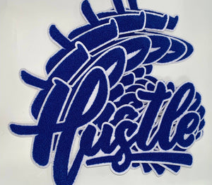 Exclusive, Blue & White "Hustle" Chenille Patch (iron-on) Size 10"x8", Varsity Patch for Denim, Shirts and Hoodies, Large Patch