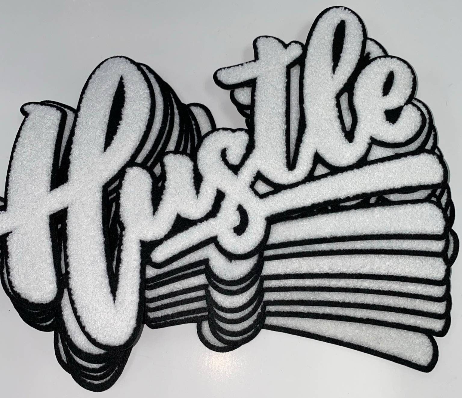 NEW, Large,Pure White w/ Black Felt "Hustle" Chenille Patch iron-on Size 10"x8", Exclusive Varsity Patch for Denim Jacket, Shirts, & Hoodies
