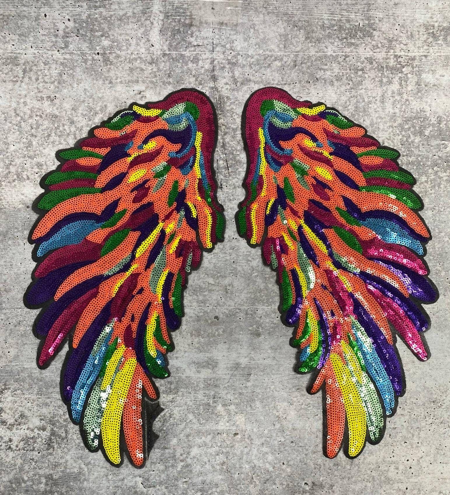Multi-Color "Orange Kaleidoscope" Exclusive Sequins Angel Wings, Large Wings (iron-on) Size 10"x5.5", Sparkly Patch for Denim Jacket, Shirts