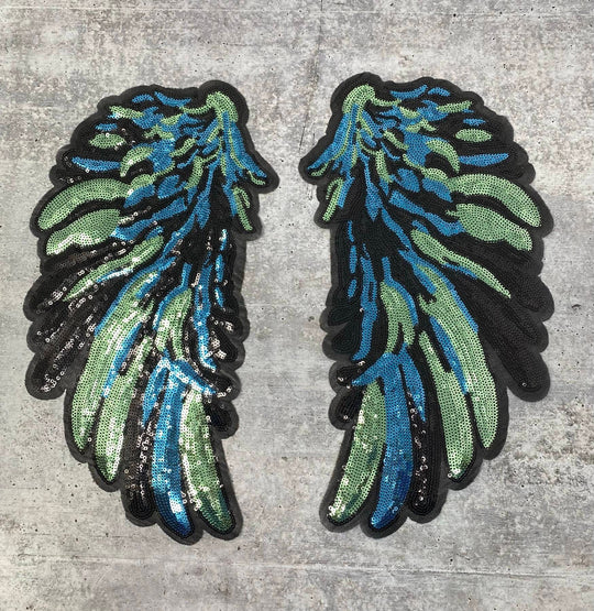 Multi-Color "Denim Blue Kaleidoscope" Exclusive Sequins Angel Wings, Large Wings (iron-on) Size 10"x5.5", Sparkly Patch for Denim Jacket