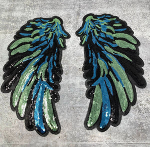 Multi-Color "Denim Blue Kaleidoscope" Exclusive Sequins Angel Wings, Large Wings (iron-on) Size 10"x5.5", Sparkly Patch for Denim Jacket