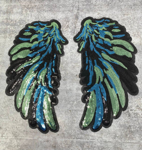 Multi-Color "Denim Blue Kaleidoscope" Exclusive Sequins Angel Wings, Large Wings (iron-on) Size 10"x5.5", Sparkly Patch for Denim Jacket