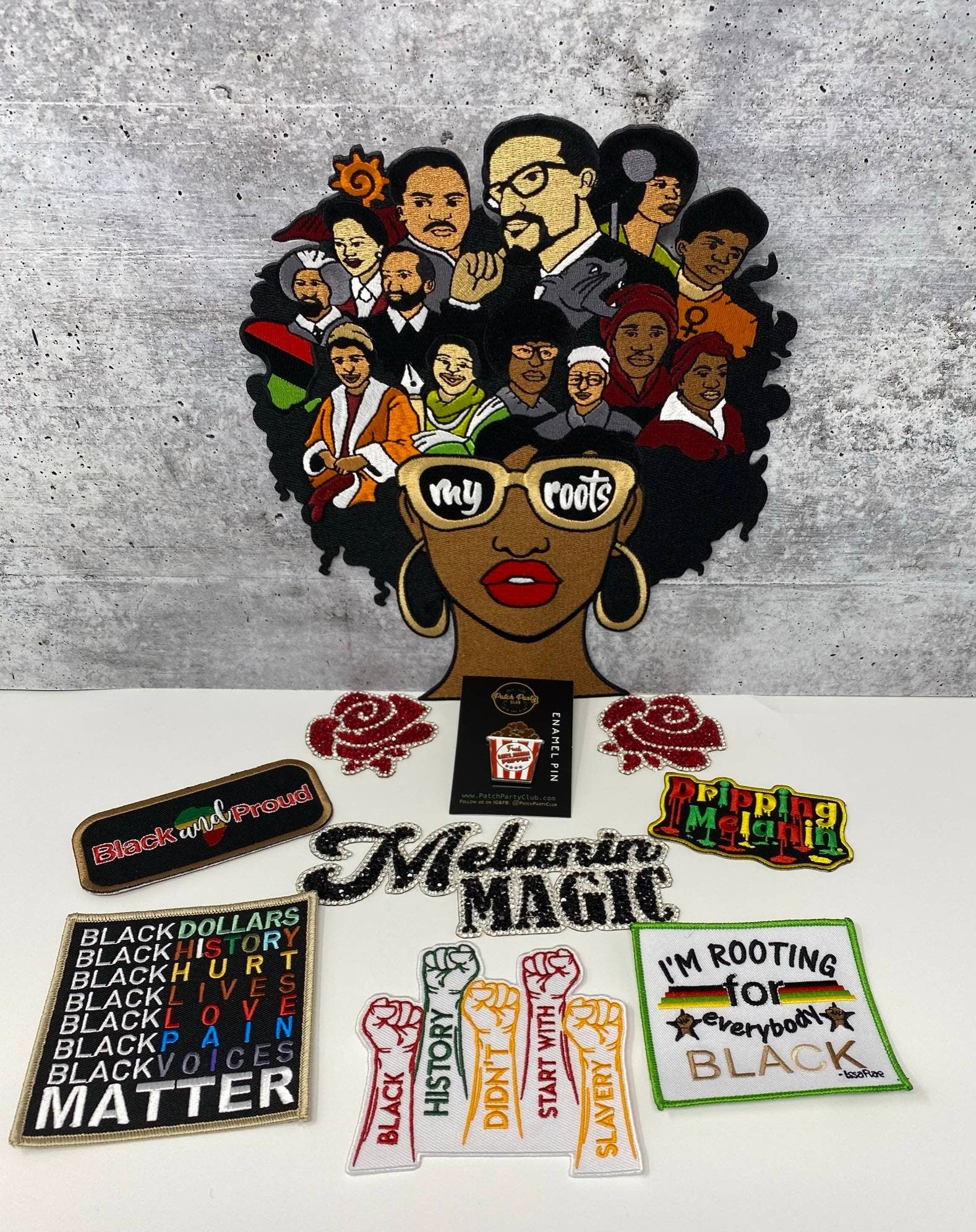 Exclusive, 10-pc "My Roots" Patch Bundle Set, Variety of Patches + 1 "Melanin Poppin" Enamel Pin, Women's Gift Set, Iron-on Patches, DIY