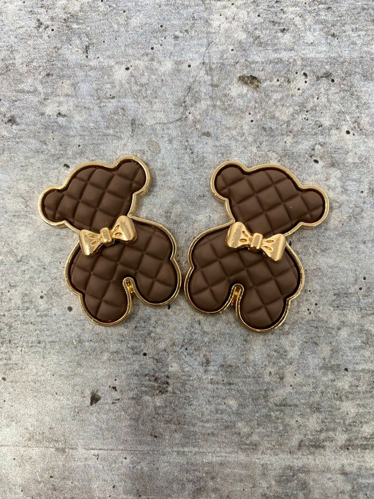 Exclusive, Chocolate "Bear" Tufted w/Gold Bow Charm, 1-pc Flatback Charm for CR O CS, Phone Cases, Sunglasses, Decor, and More! Size 2"