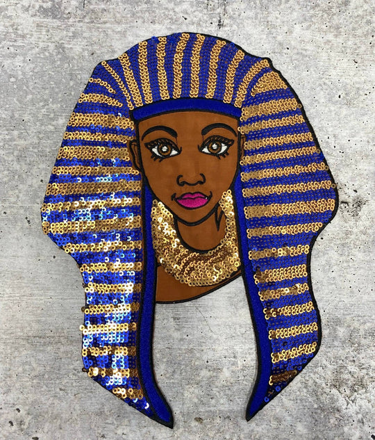 Satin & Sequins, "Nefertiti Queen", Size 9.5" x 7" Iron-on  Afrocentric Patch; Cute Black Girl Patch, Blue and Gold Exclusive Accessories