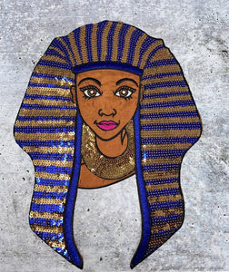 Satin & Sequins, "Nefertiti Queen", Size 9.5" x 7" Iron-on  Afrocentric Patch; Cute Black Girl Patch, Blue and Gold Exclusive Accessories