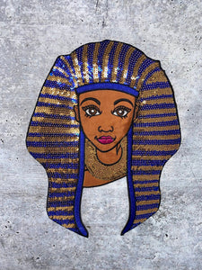 Satin & Sequins, "Nefertiti Queen", Size 9.5" x 7" Iron-on  Afrocentric Patch; Cute Black Girl Patch, Blue and Gold Exclusive Accessories