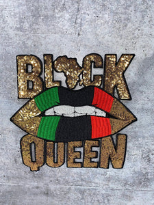 New, Sequins,"Black Queen" Gold/Green/Black/Red Lips, (iron-on) Size 10.5", LARGE Bling Patch for Denim Jacket, Shirts, Hoodies, and More