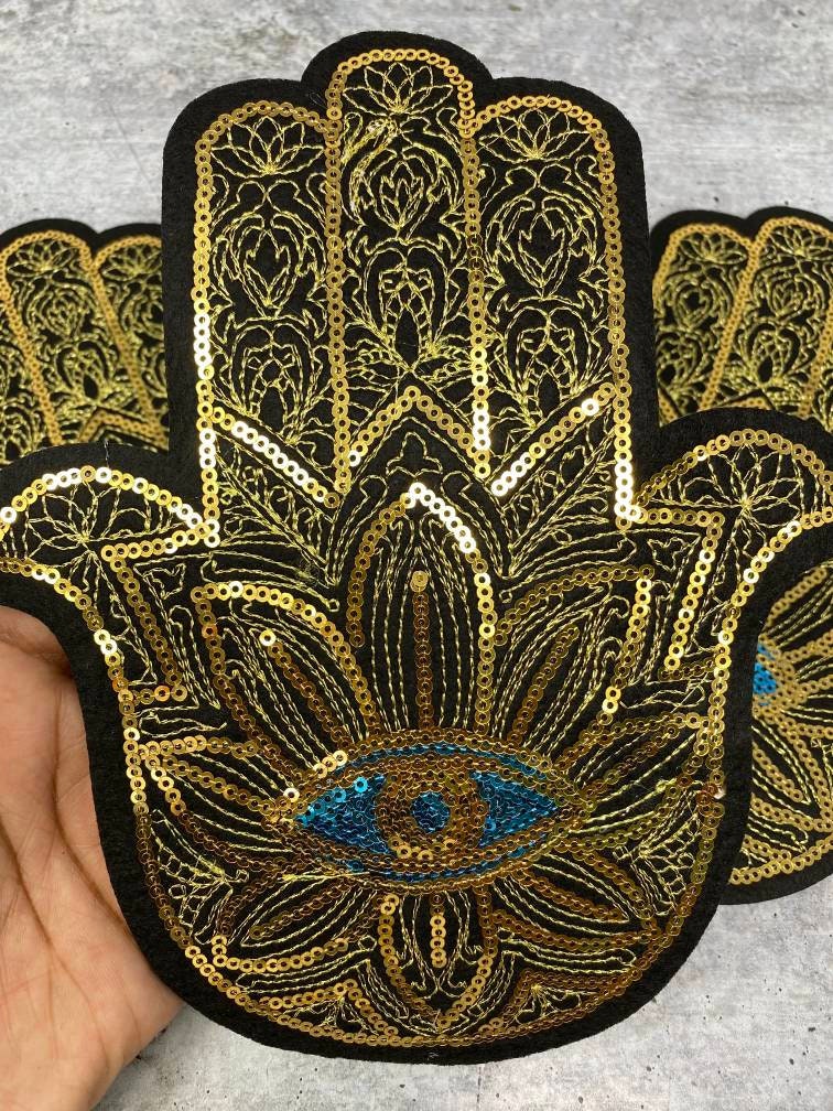 Exclusive, "Golden Hamsa Blue Eye Patch," Sequins Iron-on Patch, Bling Patch, DIY Applique; Vintage Patch, Sz 10.5", Eye of Protection, 1-pc