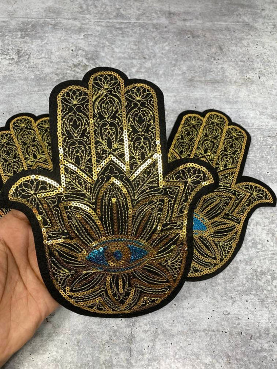 Exclusive, "Golden Hamsa Blue Eye Patch," Sequins Iron-on Patch, Bling Patch, DIY Applique; Vintage Patch, Sz 10.5", Eye of Protection, 1-pc