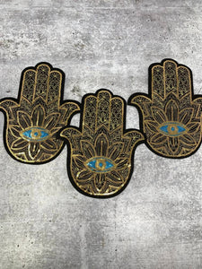 Exclusive, "Golden Hamsa Blue Eye Patch," Sequins Iron-on Patch, Bling Patch, DIY Applique; Vintage Patch, Sz 10.5", Eye of Protection, 1-pc