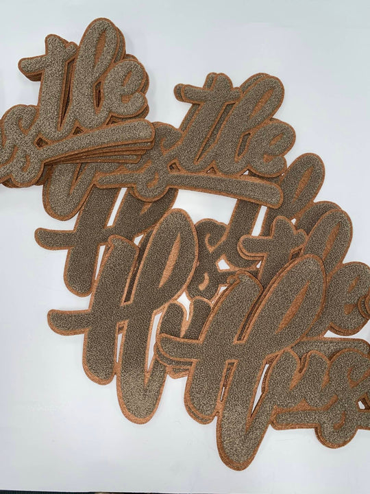 Exclusive, Chocolate Brown "Hustle" Chenille Patch (iron-on) Size 10"x8", Varsity Patch for Denim Jacket, Shirts and Hoodies, Large Patch