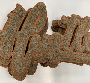 Exclusive, Chocolate Brown "Hustle" Chenille Patch (iron-on) Size 10"x8", Varsity Patch for Denim Jacket, Shirts and Hoodies, Large Patch