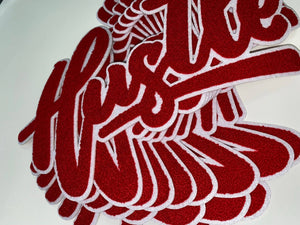 Exclusive, Red & White "Hustle" Chenille Patch (iron-on) Size 10"x8", Varsity Patch for Denim Jacket, Shirts and Hoodies, Large Patch