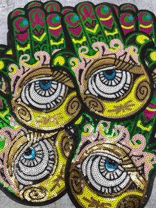 Exclusive,"Gold/Green/Pink Hamsa Eye Patch," Sequins Iron-on Patch, Bling Patch, DIY Crafts, Sz 10.5", Eye of Protection, 1-pc, Jacket Patch