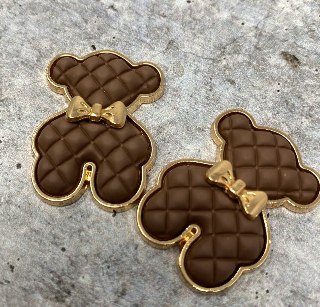 Exclusive, Chocolate "Bear" Tufted w/Gold Bow Charm, 1-pc Flatback Charm for CR O CS, Phone Cases, Sunglasses, Decor, and More! Size 2"