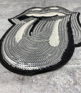 Sparkling "Silver" Sequins KISS Lips and Tongue Patch (sew-on) Size 13", LARGE Bling Patch for Denim Jacket, Shirts, Hoodies, and More