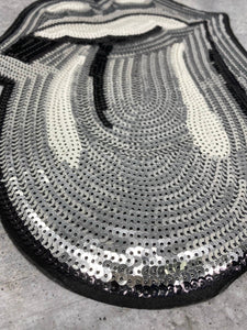 Sparkling "Silver" Sequins KISS Lips and Tongue Patch (sew-on) Size 13", LARGE Bling Patch for Denim Jacket, Shirts, Hoodies, and More