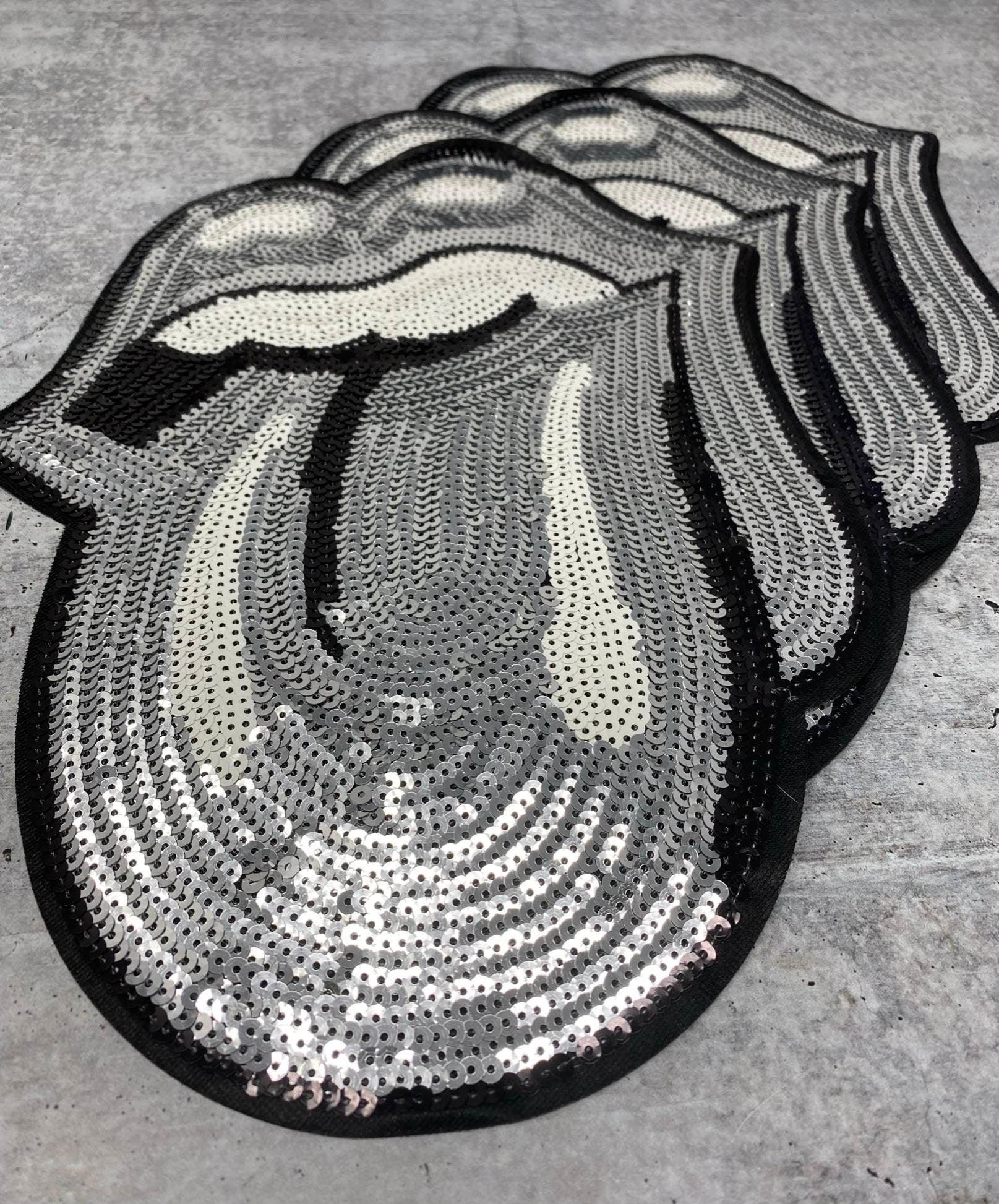 Sparkling "Silver" Sequins KISS Lips and Tongue Patch (sew-on) Size 13", LARGE Bling Patch for Denim Jacket, Shirts, Hoodies, and More