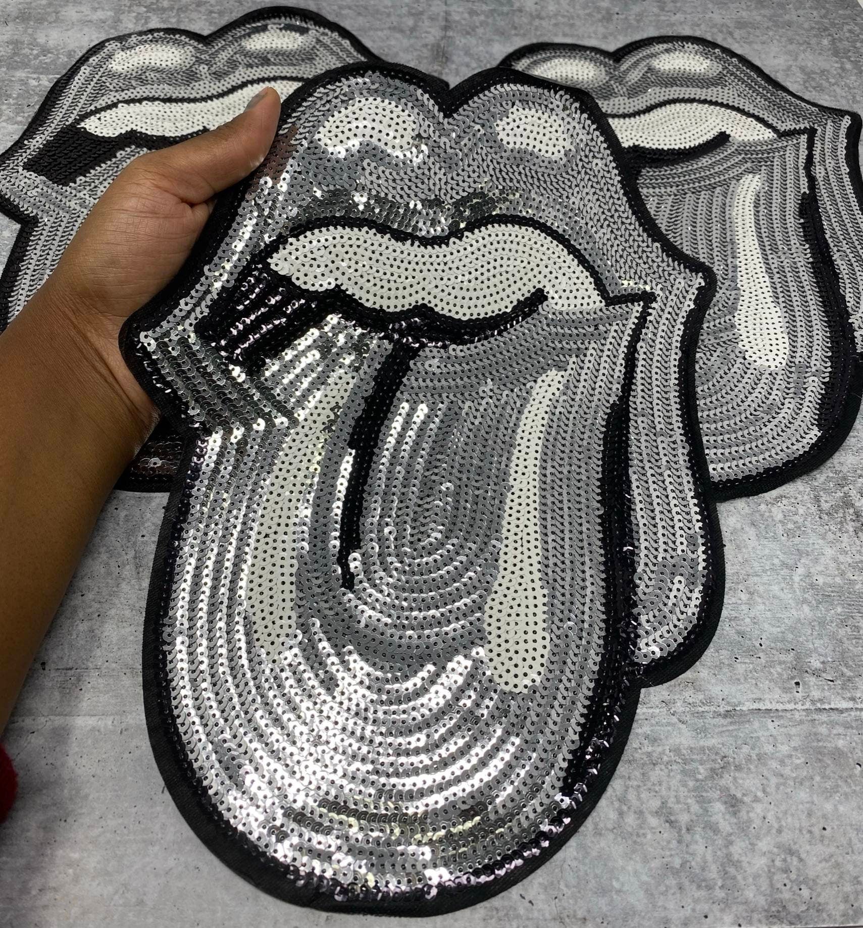 Sparkling "Silver" Sequins KISS Lips and Tongue Patch (sew-on) Size 13", LARGE Bling Patch for Denim Jacket, Shirts, Hoodies, and More