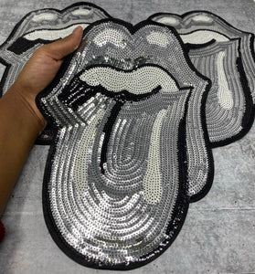 Sparkling "Silver" Sequins KISS Lips and Tongue Patch (sew-on) Size 13", LARGE Bling Patch for Denim Jacket, Shirts, Hoodies, and More