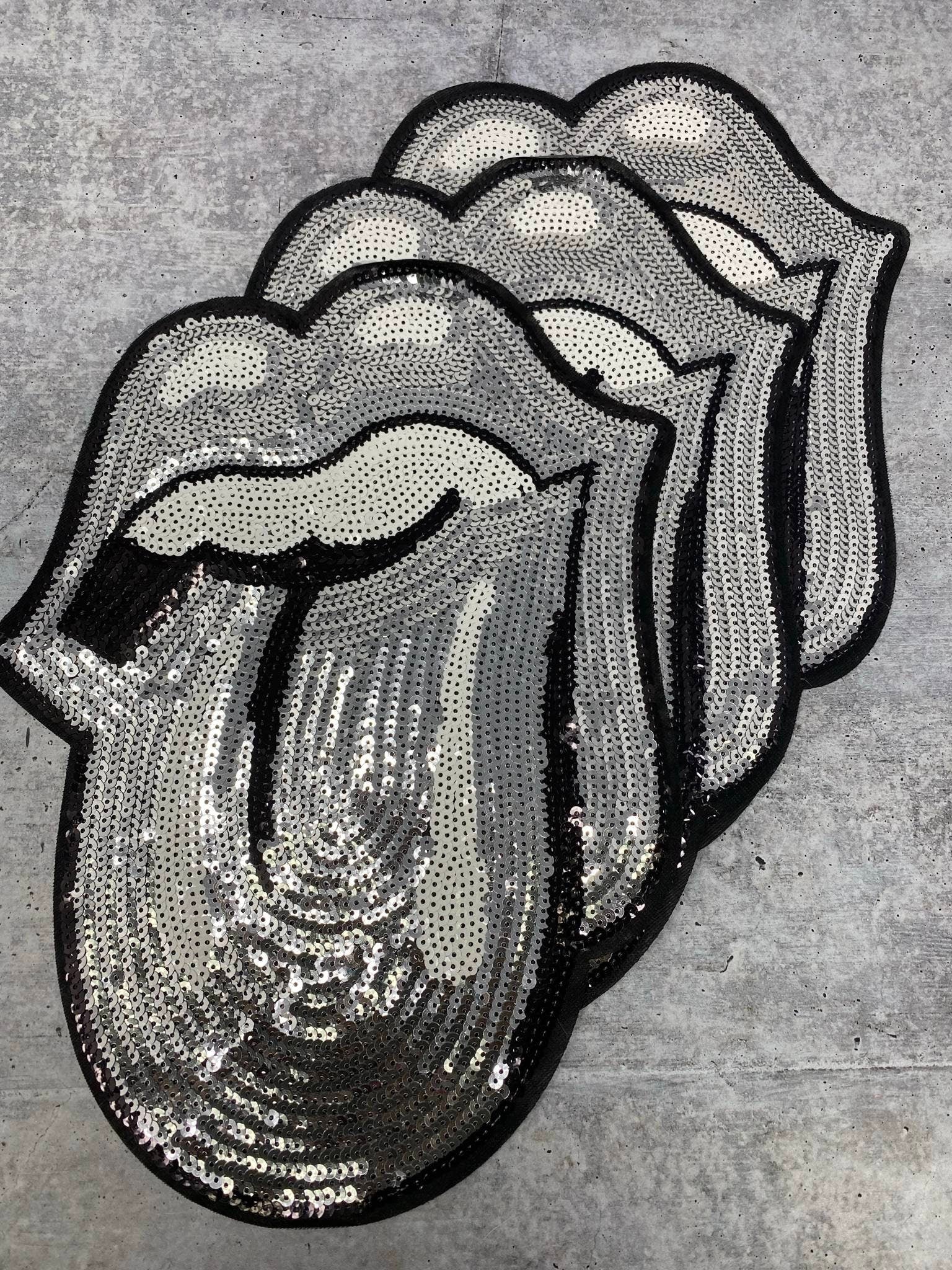 Sparkling "Silver" Sequins KISS Lips and Tongue Patch (sew-on) Size 13", LARGE Bling Patch for Denim Jacket, Shirts, Hoodies, and More