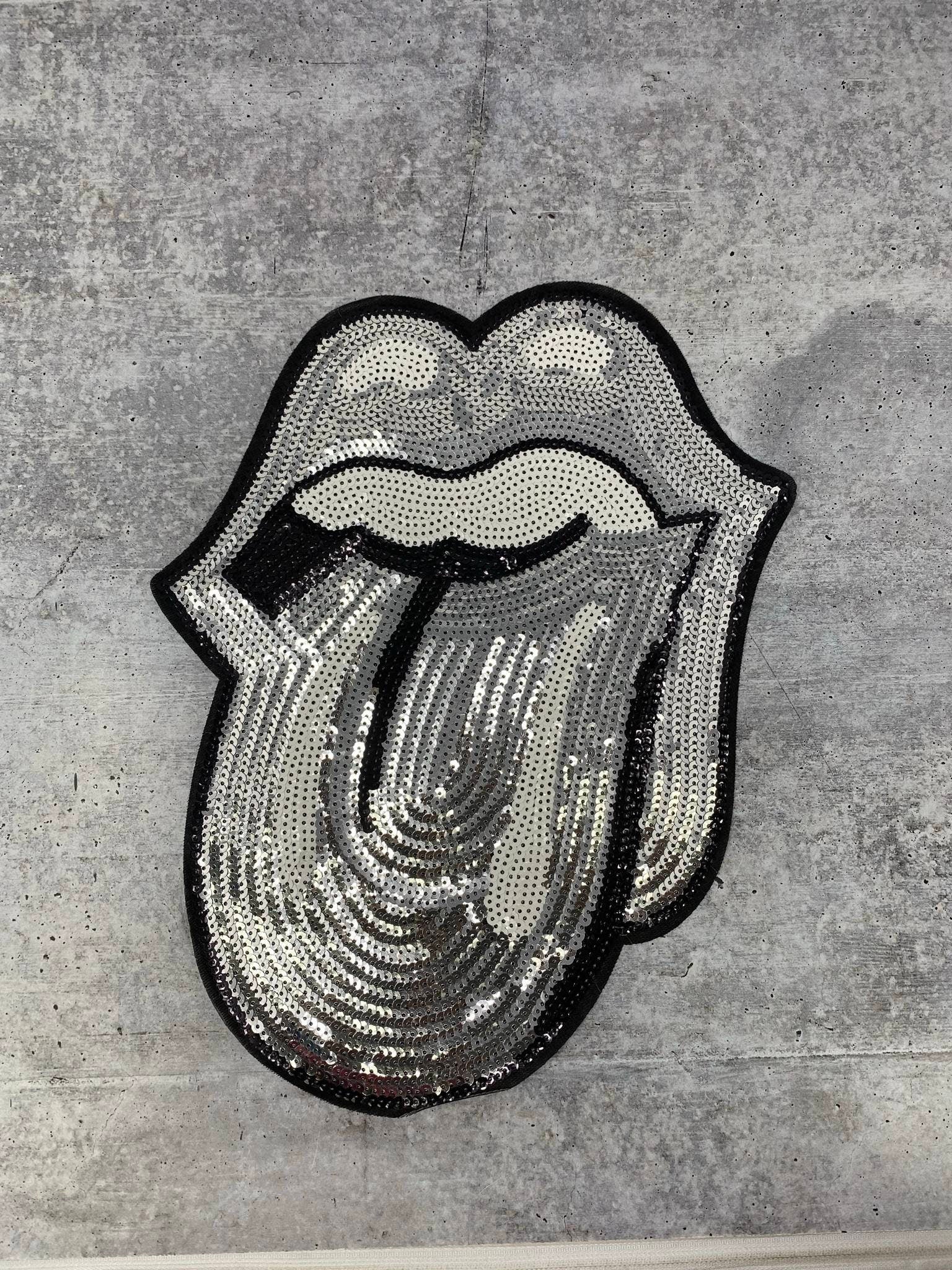 Sparkling "Silver" Sequins KISS Lips and Tongue Patch (sew-on) Size 13", LARGE Bling Patch for Denim Jacket, Shirts, Hoodies, and More