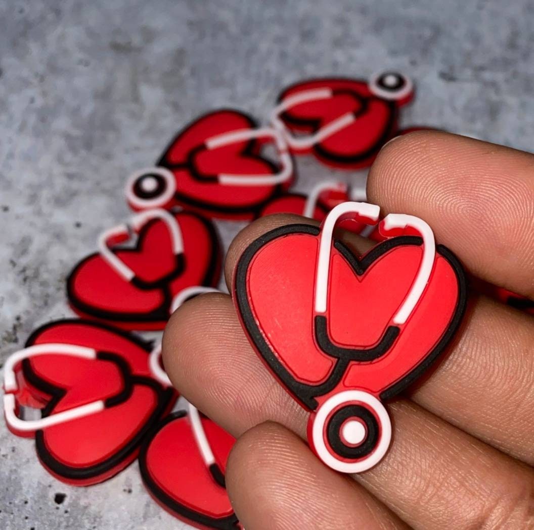 1-pc "Stethoscope" w/ Red Heart, Shoe Charm, Medical Charm; Nurse, Tech, Dr Charms for Crocs; Charm for Shoes & Bracelets, Healthcare Charms